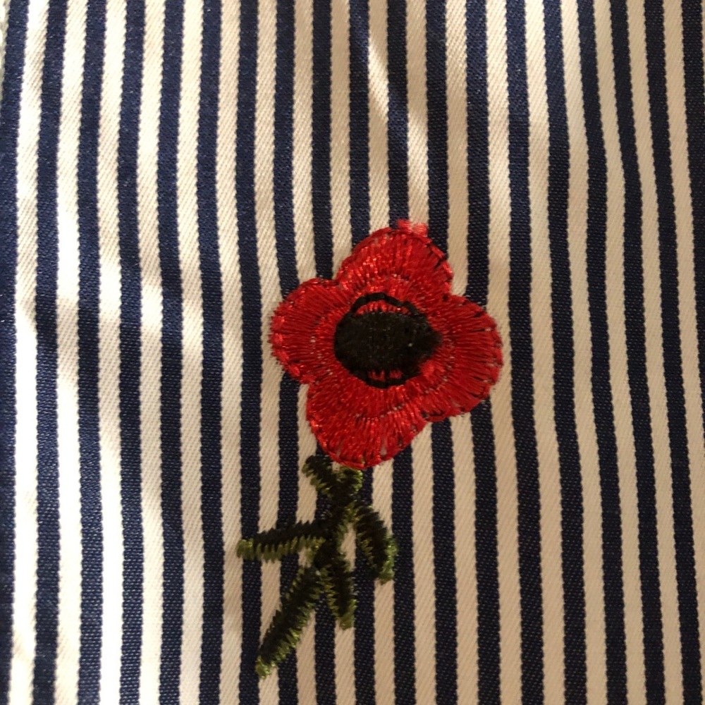 Betsey Johnson Navy Striped Shirt with Red Floral Detail and Flower Buttons - Picture 5 of 6